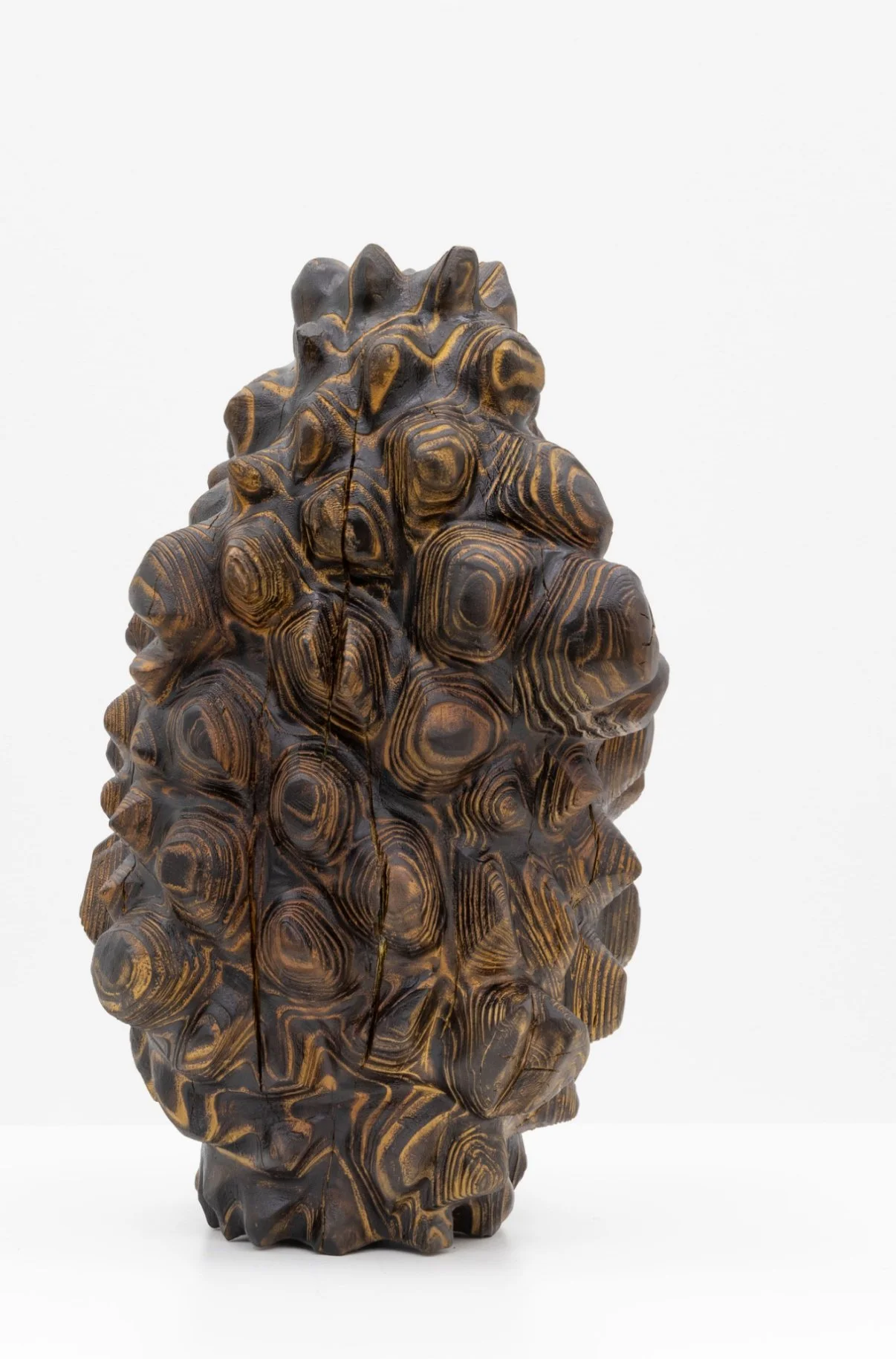 Born of Wood — a nodular carved wood vessel photographed against white.