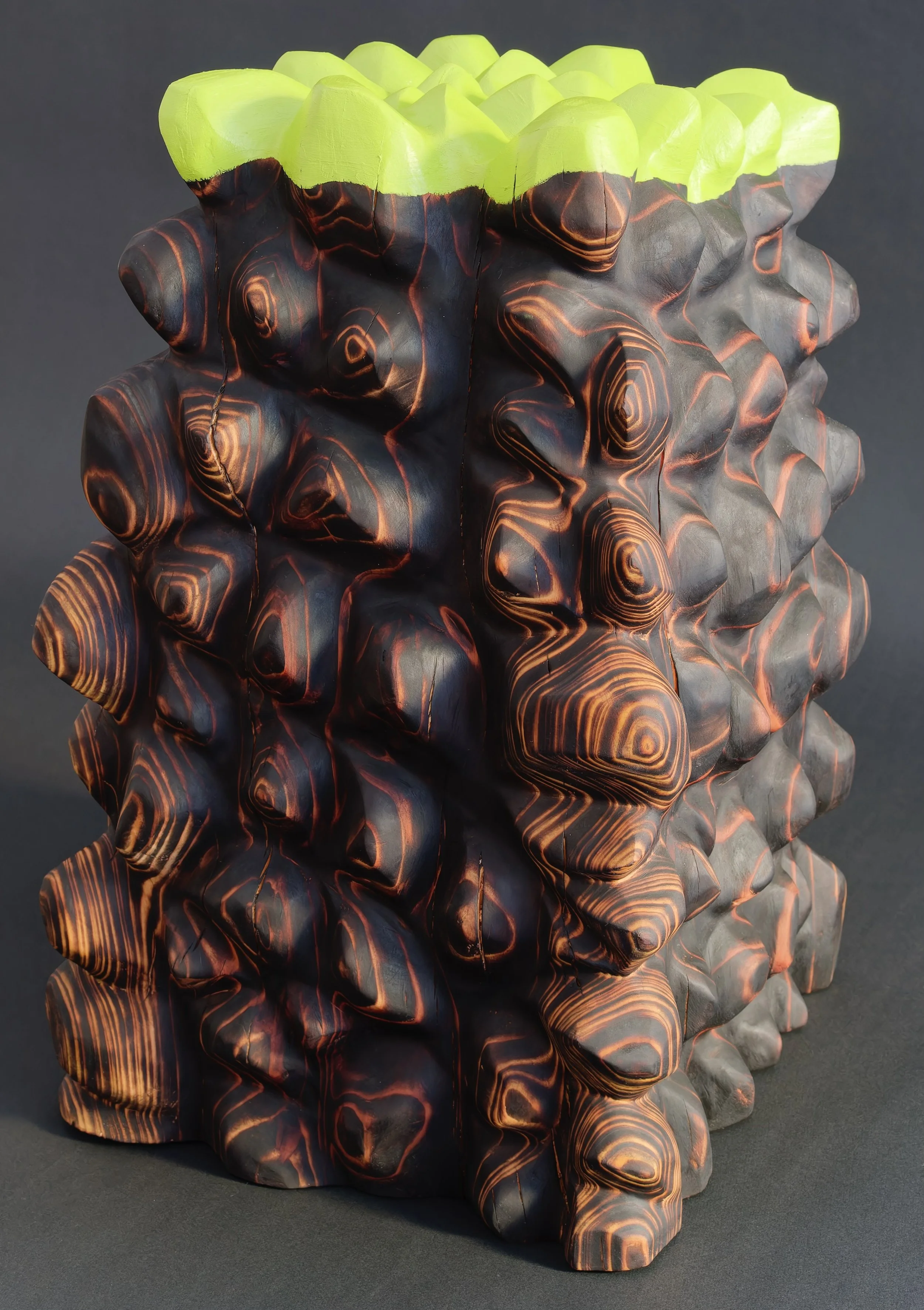 Holding Hope — nodular charred redwood, ember-orange growth rings glowing through the black, crowned with a neon-green rim.