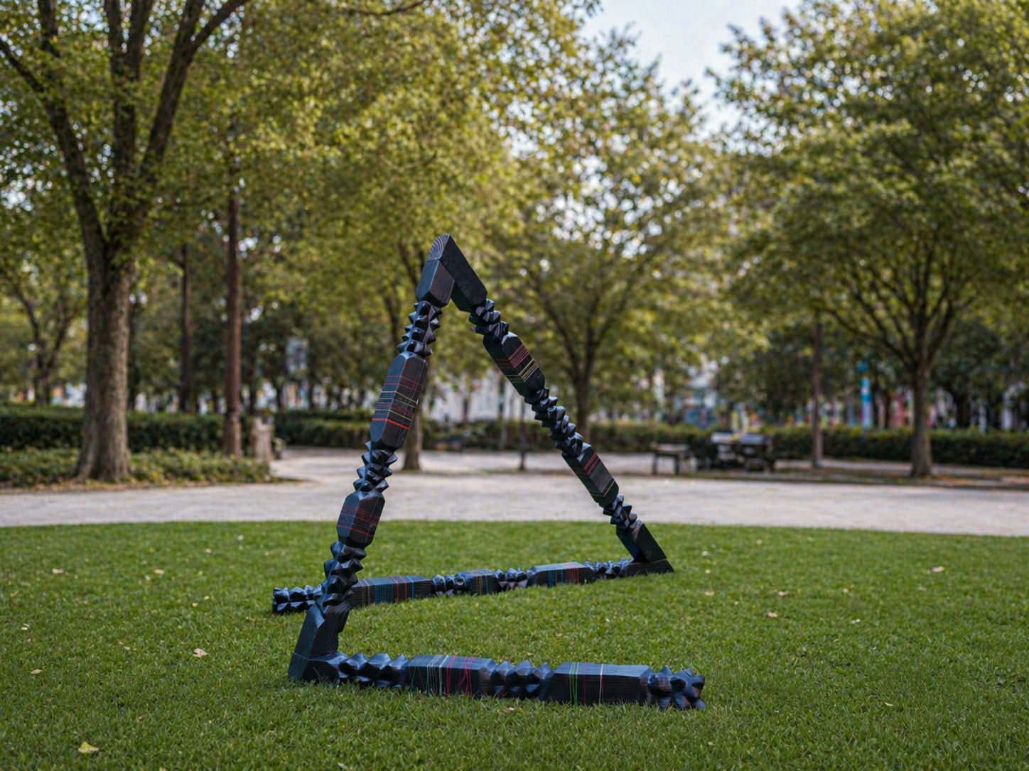 Invitation to Play — monumental charred redwood forms with multicolored threads, installed outdoors on grass.