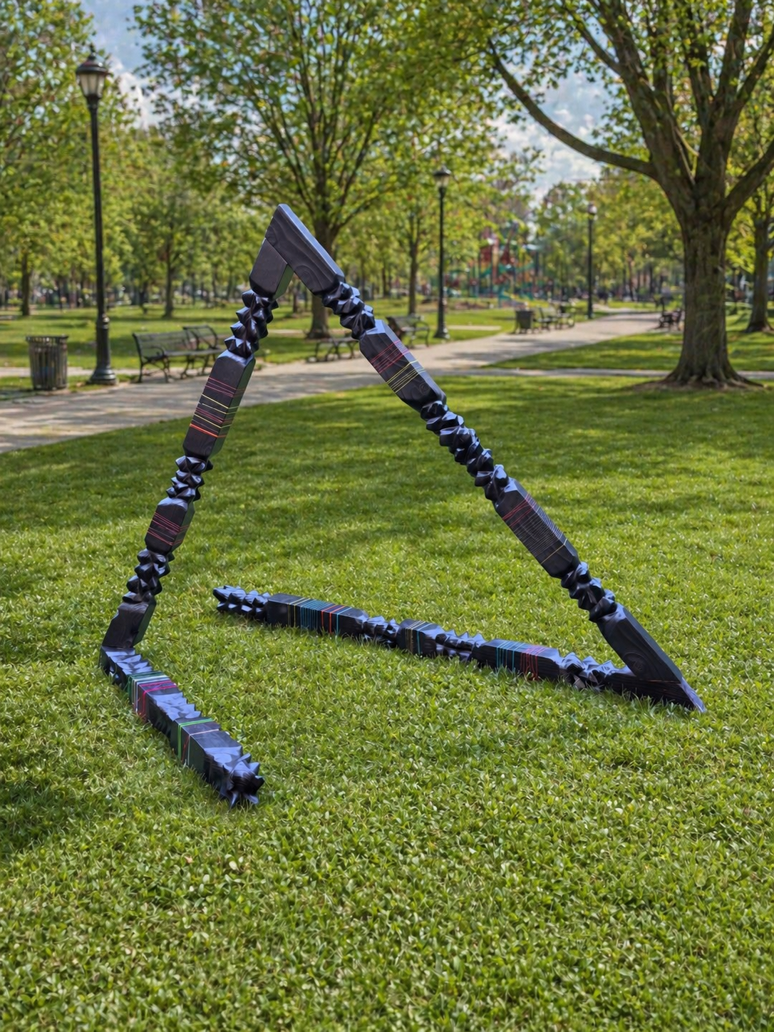 Invitation to Play — charred redwood beams banded with multicolored threads, leaned into a triangle on park grass.