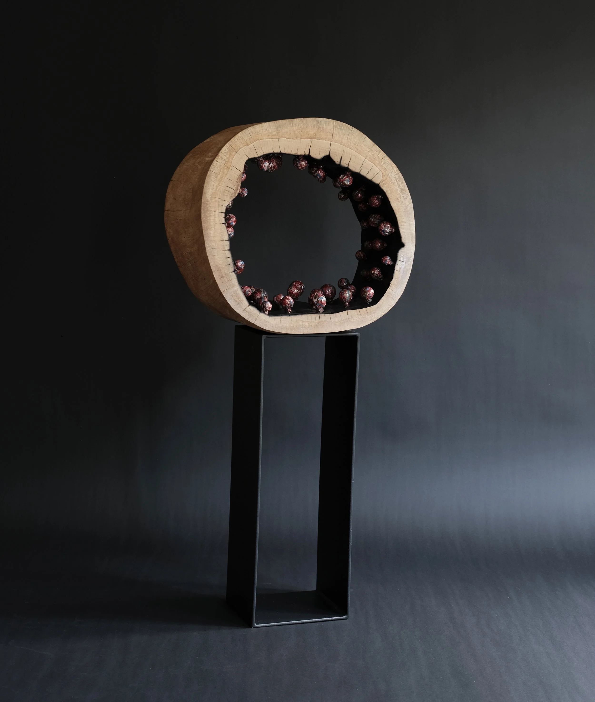 Memories — a hollowed wood ring on a black steel stand, its interior lined with soft fabric memory pods.