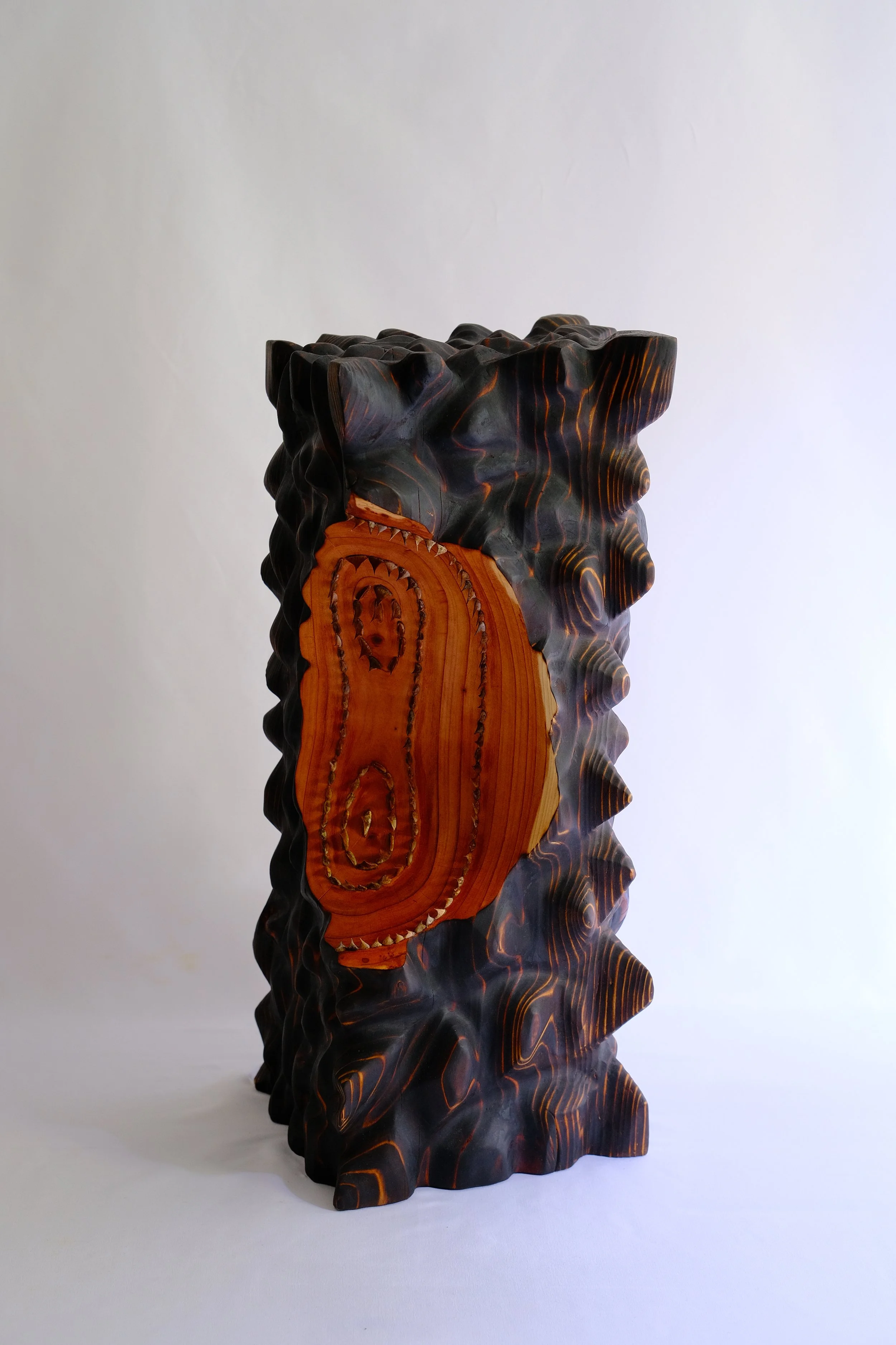 Taming the Expectations — a charred, nodular carved pillar with a warm orange wood inset.