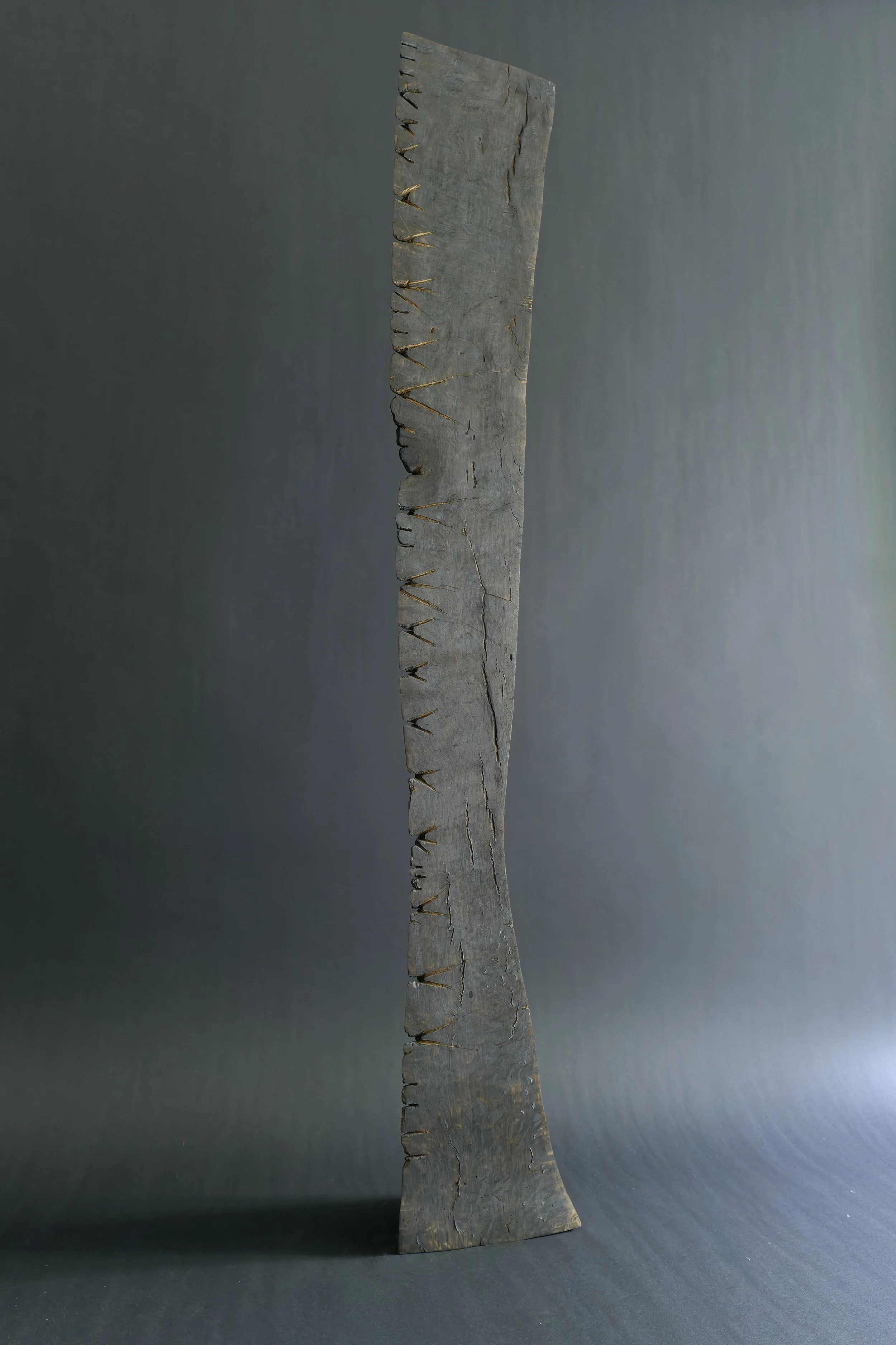 Two Bodies, Healing — a tall charred wood blade in profile, stitched cuts glinting gold along its edge.